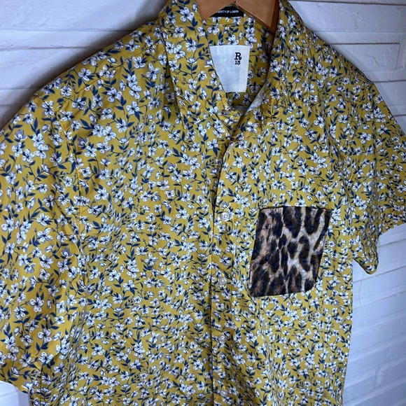 R13 Yellow Floral and Leopard Cotton Tony Button Down Shirt, Unisex Size Small - Picture 12 of 12